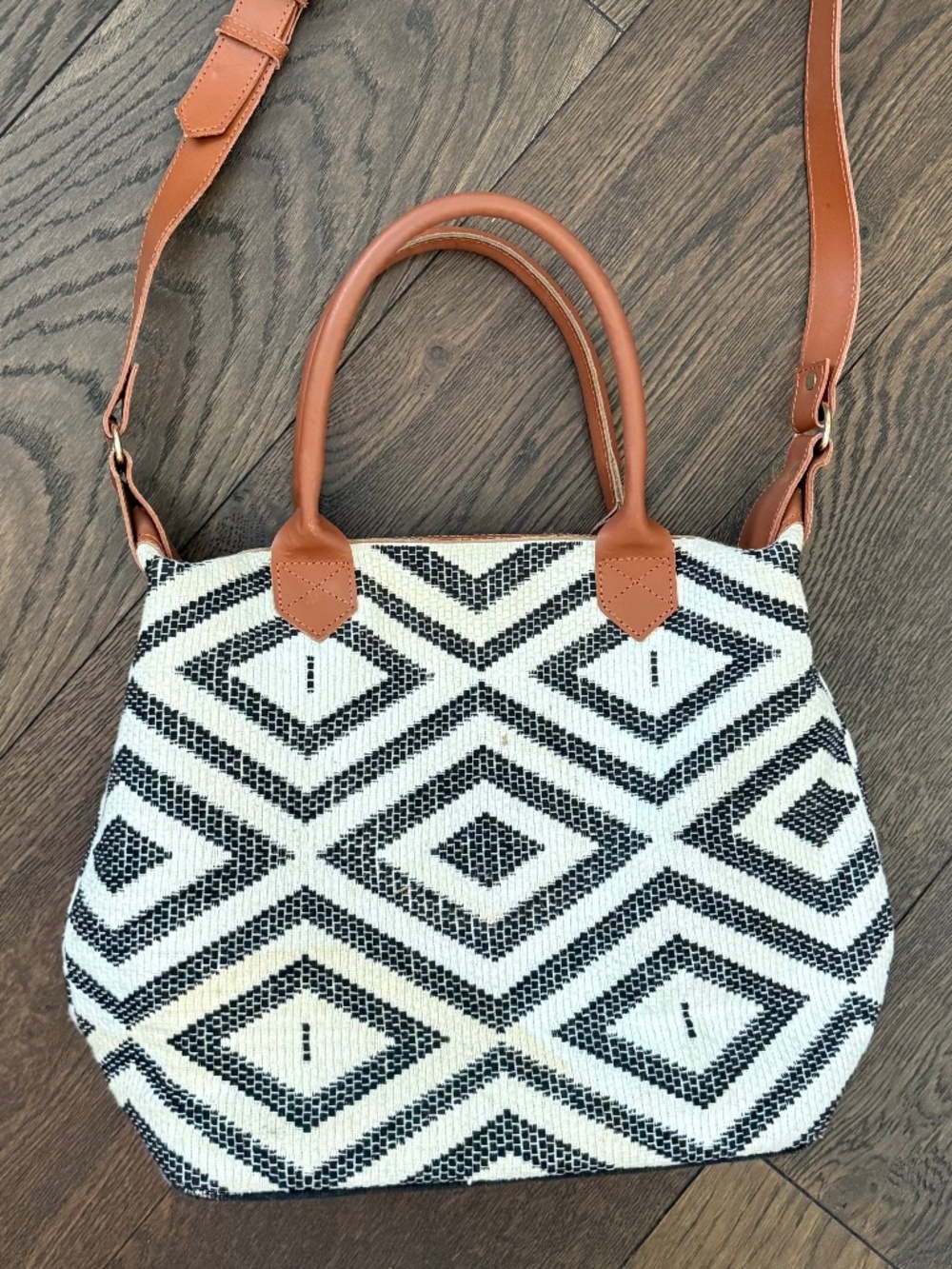 Rachel Zoe x Tribe Alive Black Ivory Woven Geometric Tote Crossbody Artisan Bag